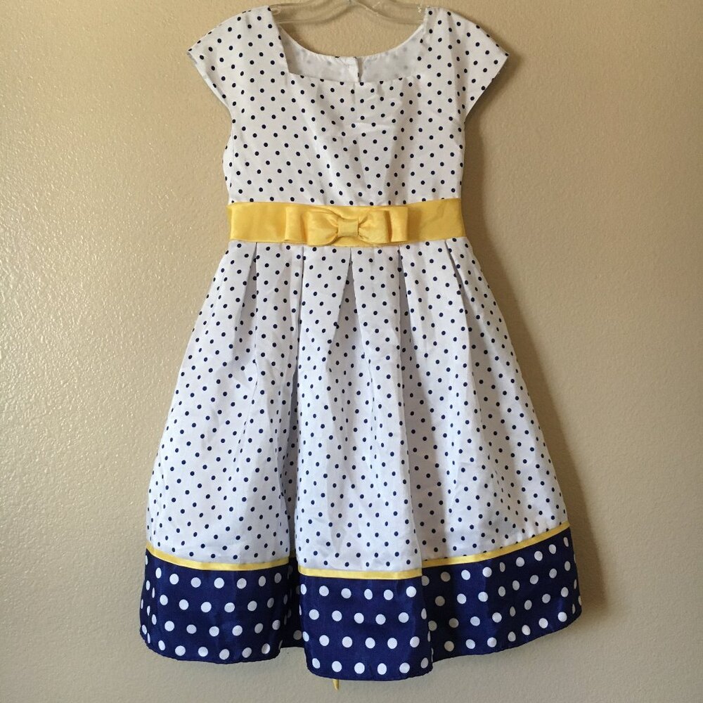 Navy Blue White Polka Dot Dress 8 Yellow Bow Tie Party Occasion Rockabilly